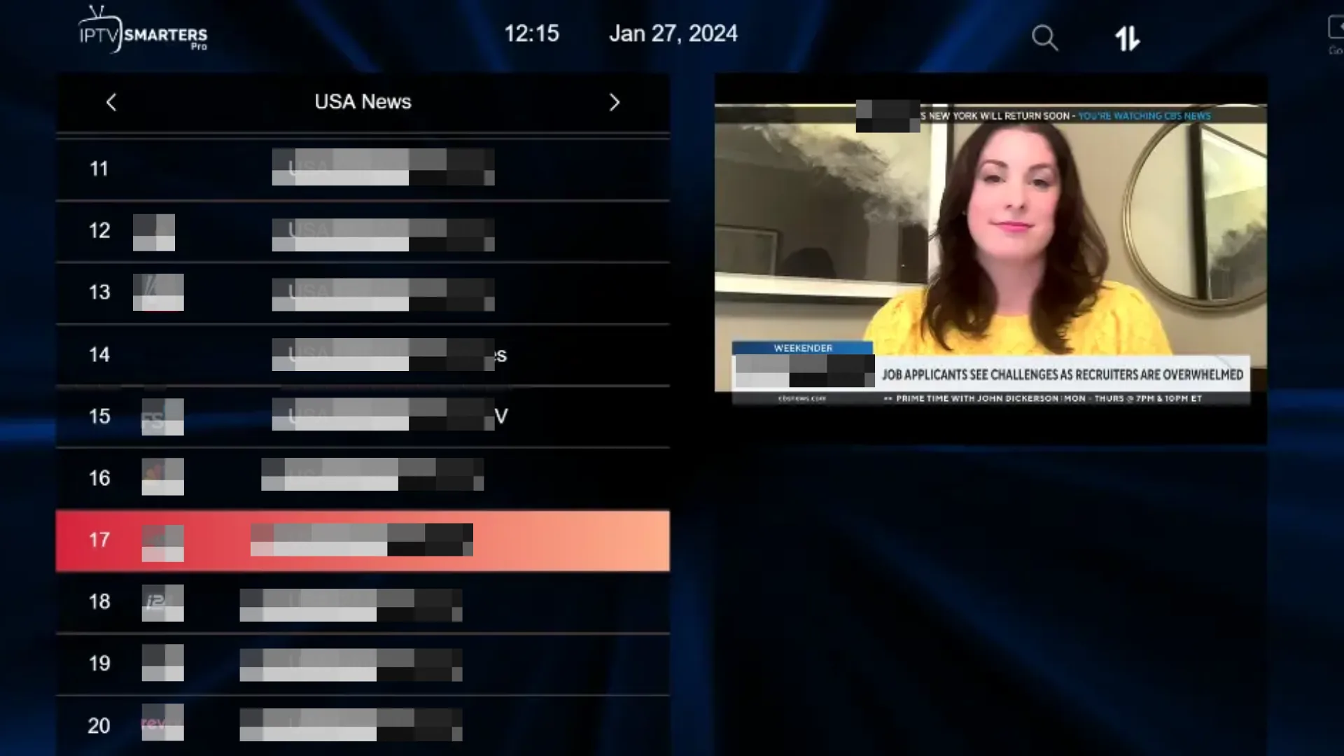 IPTV Smarters Pro channel list — selecting a channel to watch on laptop