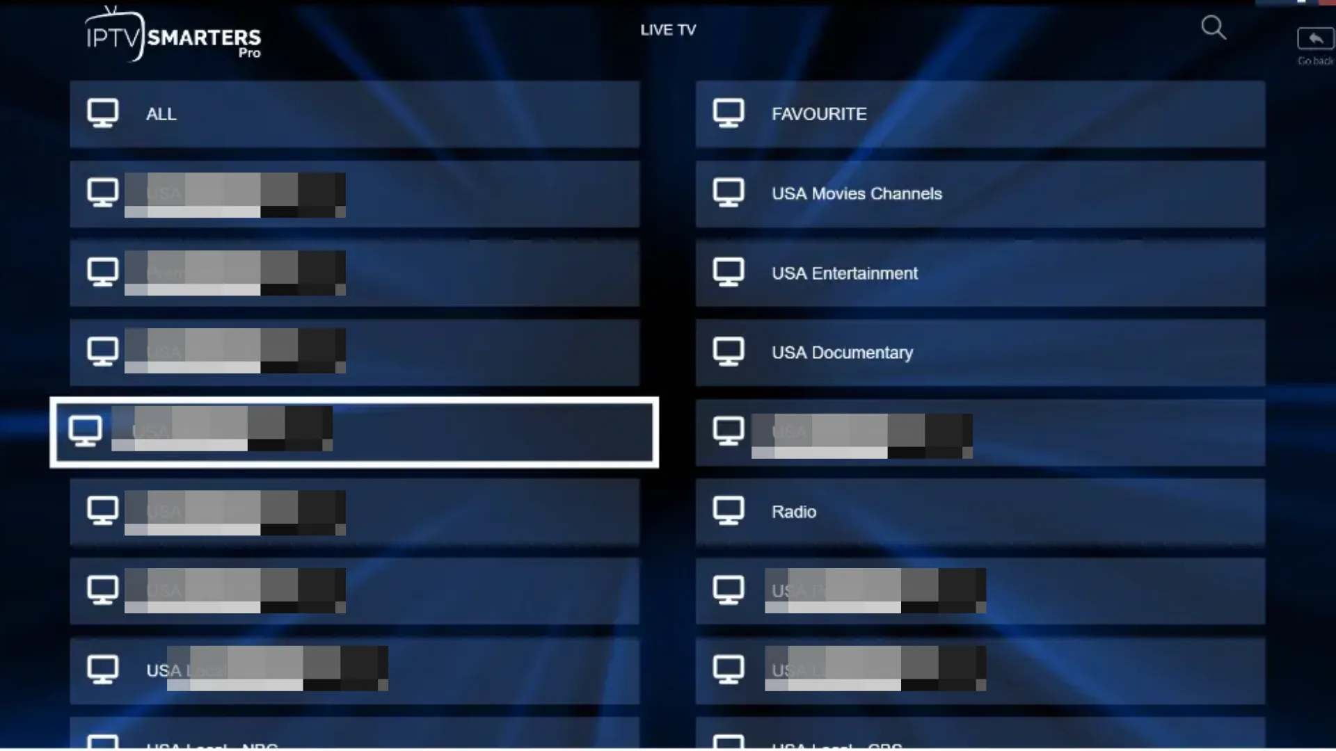 IPTV Smarters Pro Live TV channel group list on Windows